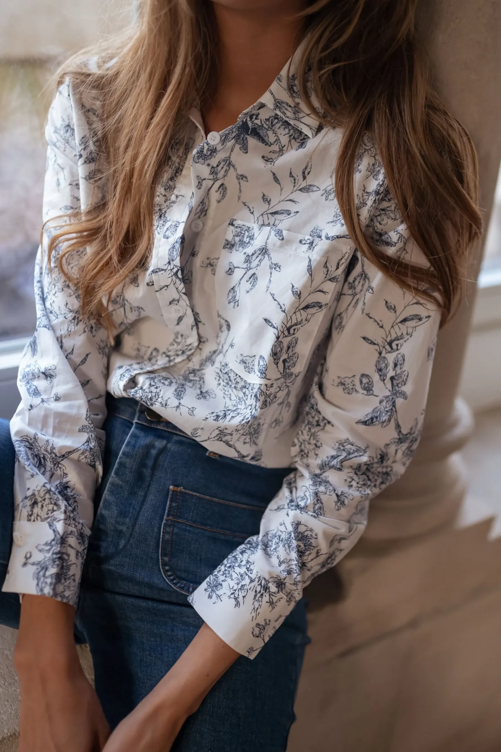 Chemisiers & Blouses-EASY-CLOTHES Chemise Aglaé - blanche à motifs bleusEasy Clothes Blanche à motifs bleus