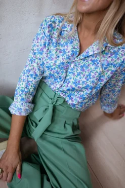 Chemisiers & Blouses-EASY-CLOTHES Chemise Arlette - écrue à fleurs bleuesEasy Clothes Écrue à fleurs bleues