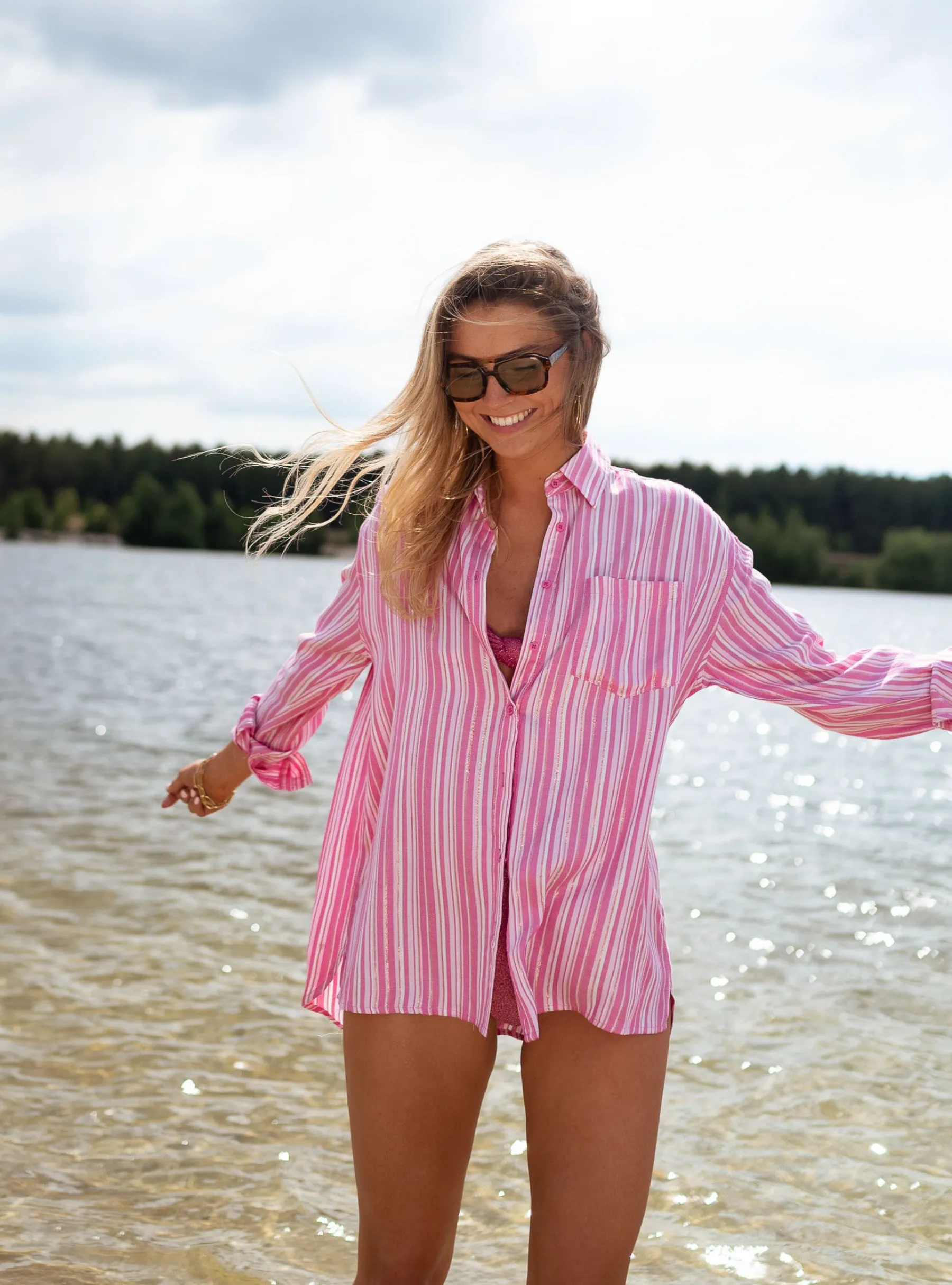 Chemisiers & Blouses-EASY-CLOTHES Chemise Arsen - rose à lignesEasy Clothes Rose à lignes
