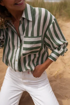 Chemisiers & Blouses-EASY-CLOTHES Chemise Benza à lignes vertes | Chemise ample lignée | Prêt-à-porter en ligne | Easy Clothes À lignes vertes