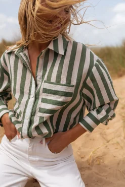 Chemisiers & Blouses-EASY-CLOTHES Chemise Benza à lignes vertes | Chemise ample lignée | Prêt-à-porter en ligne | Easy Clothes À lignes vertes