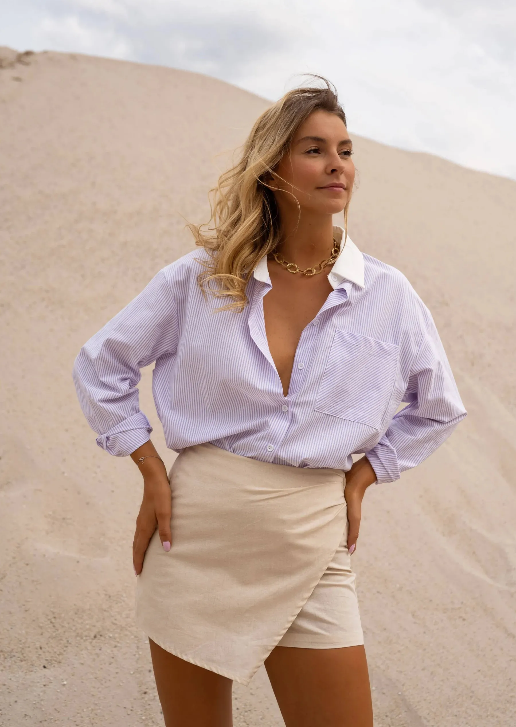 Chemisiers & Blouses-EASY-CLOTHES Chemise Berloz - Lilas & Écru - Coupe Droite - FluideEasy Clothes Lilas et écru