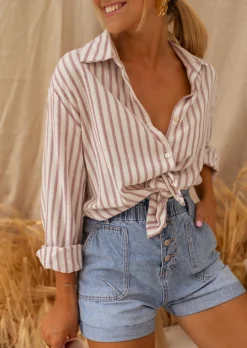 Chemisiers & Blouses-EASY-CLOTHES Chemise Bertha - Lignes Beiges & Roses - Effet LinEasy Clothes Beige et rose effet lin       