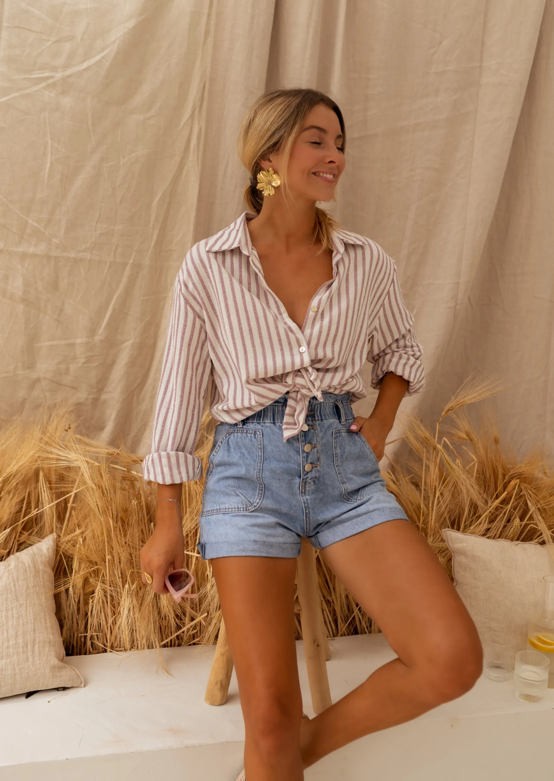 Chemisiers & Blouses-EASY-CLOTHES Chemise Bertha - Lignes Beiges & Roses - Effet LinEasy Clothes Beige et rose effet lin