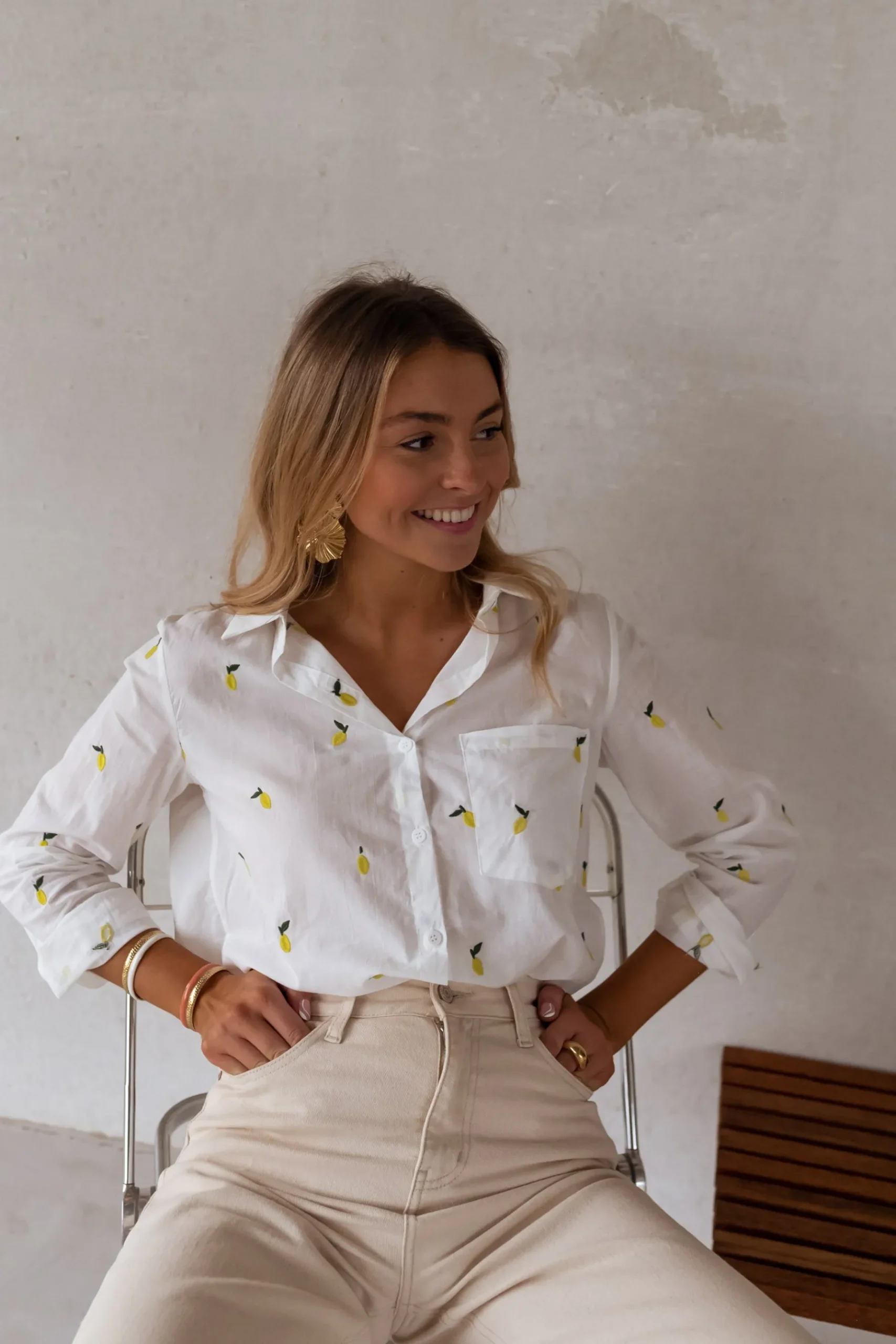 Chemisiers & Blouses-EASY-CLOTHES Chemise Ciara - blanche à motifsEasy Clothes Blanche à motifs