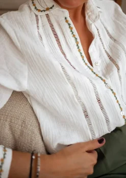 Chemisiers & Blouses-EASY-CLOTHES Chemise Écrue - Beta - Gaze de Coton - Finition BroderieEasy Clothes Écrue       