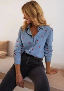 Chemisiers & Blouses-EASY-CLOTHES Chemise Jack - En Jeans - Motifs Coeurs RougesEasy Clothes À coeurs