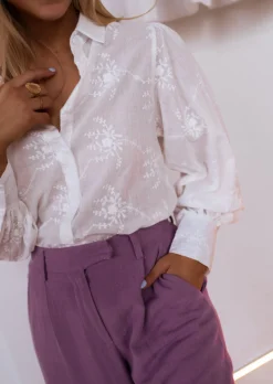 Chemisiers & Blouses-EASY-CLOTHES Chemise Jolane écrue brodée | Chemise brodée transparente | Prêt-à-porter en ligne | Easy Clothes Écrue brodée