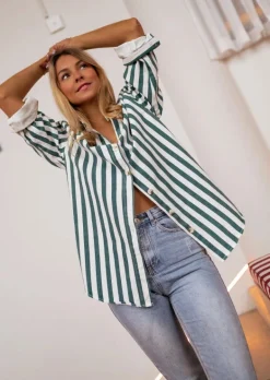 Chemisiers & Blouses-EASY-CLOTHES Chemise Kalina à lignes vertes effet jeans | Chemise oversized | Prêt-à-porter en ligne | Easy Clothes Vertes effet jeans       