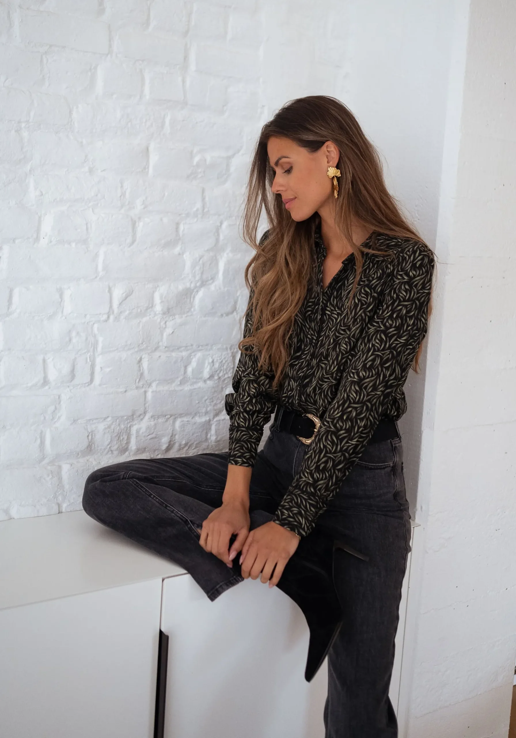 Chemisiers & Blouses-EASY-CLOTHES Chemise Merida - noire à motifs vertsEasy Clothes Noire à motifs verts