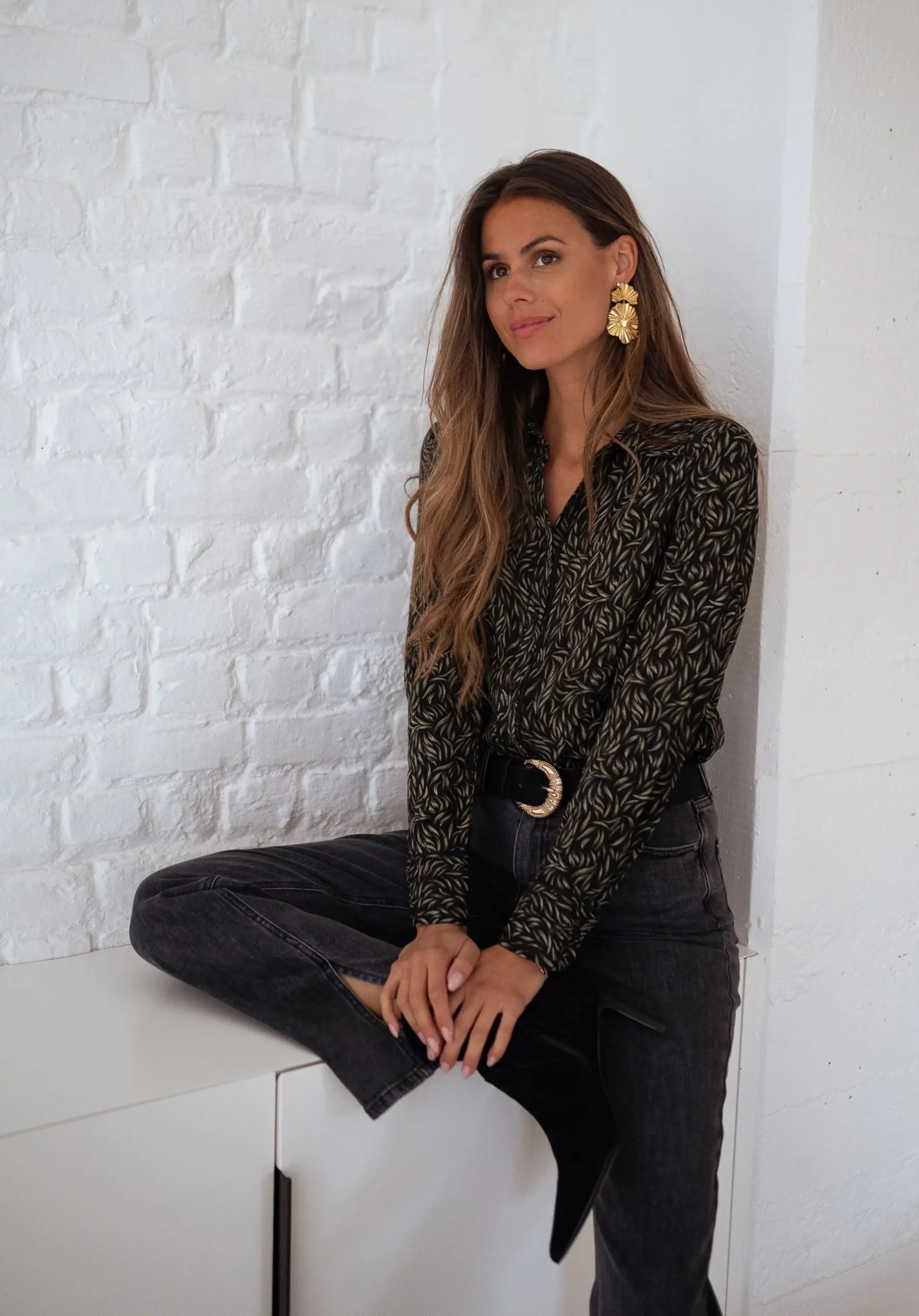 Chemisiers & Blouses-EASY-CLOTHES Chemise Merida - noire à motifs vertsEasy Clothes Noire à motifs verts