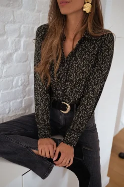 Chemisiers & Blouses-EASY-CLOTHES Chemise Merida - noire à motifs vertsEasy Clothes Noire à motifs verts