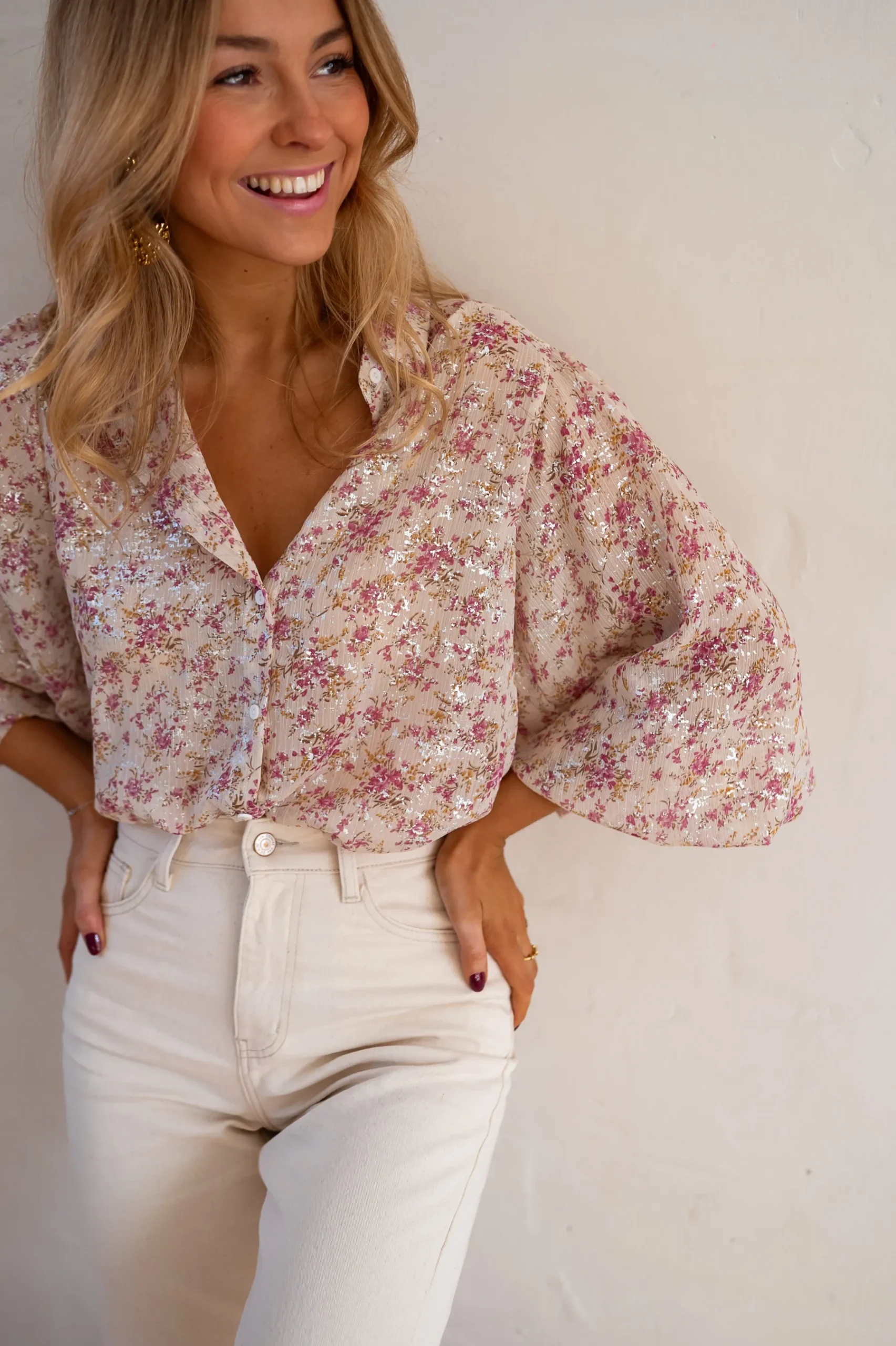 Chemisiers & Blouses-EASY-CLOTHES Chemise Nara - Beige & Rose - FluideEasy Clothes Beige et rose