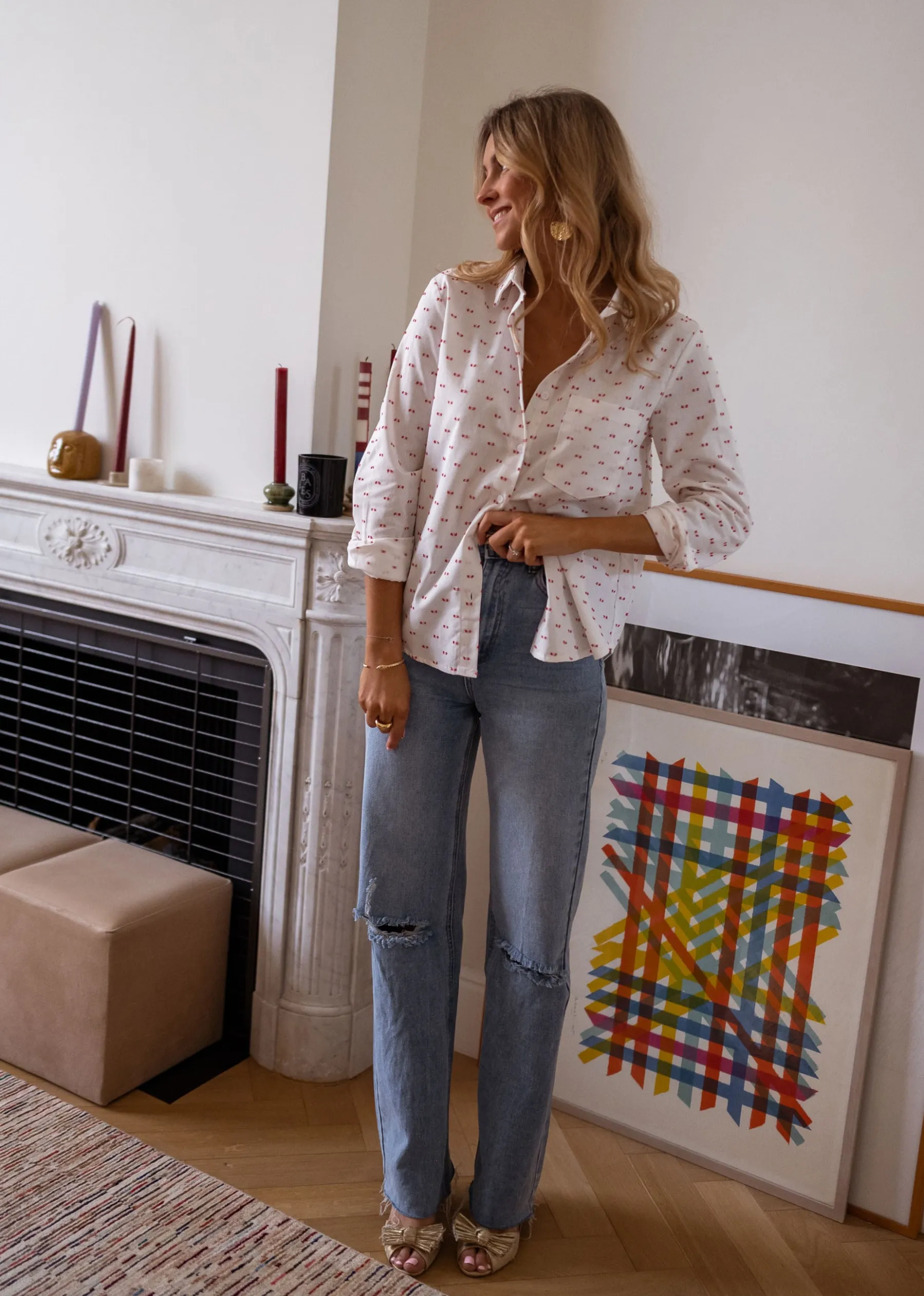 Chemisiers & Blouses-EASY-CLOTHES Chemise Nina - blanche à motifs rougesEasy Clothes Blanche à motifs rouges