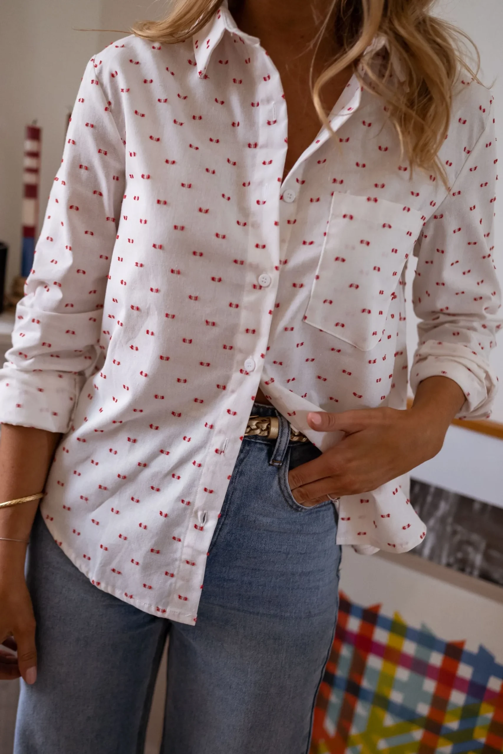 Chemisiers & Blouses-EASY-CLOTHES Chemise Nina - blanche à motifs rougesEasy Clothes Blanche à motifs rouges