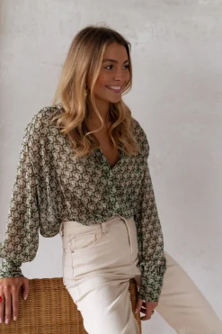 Chemisiers & Blouses-EASY-CLOTHES Chemise Regina - verte à motifsEasy Clothes Verte à motifs       