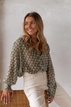 Chemisiers & Blouses-EASY-CLOTHES Chemise Regina - verte à motifsEasy Clothes Verte à motifs       
