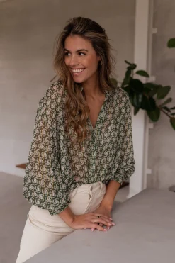 Chemisiers & Blouses-EASY-CLOTHES Chemise Regina - verte à motifsEasy Clothes Verte à motifs       