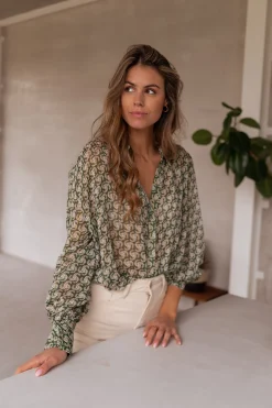 Chemisiers & Blouses-EASY-CLOTHES Chemise Regina - verte à motifsEasy Clothes Verte à motifs       