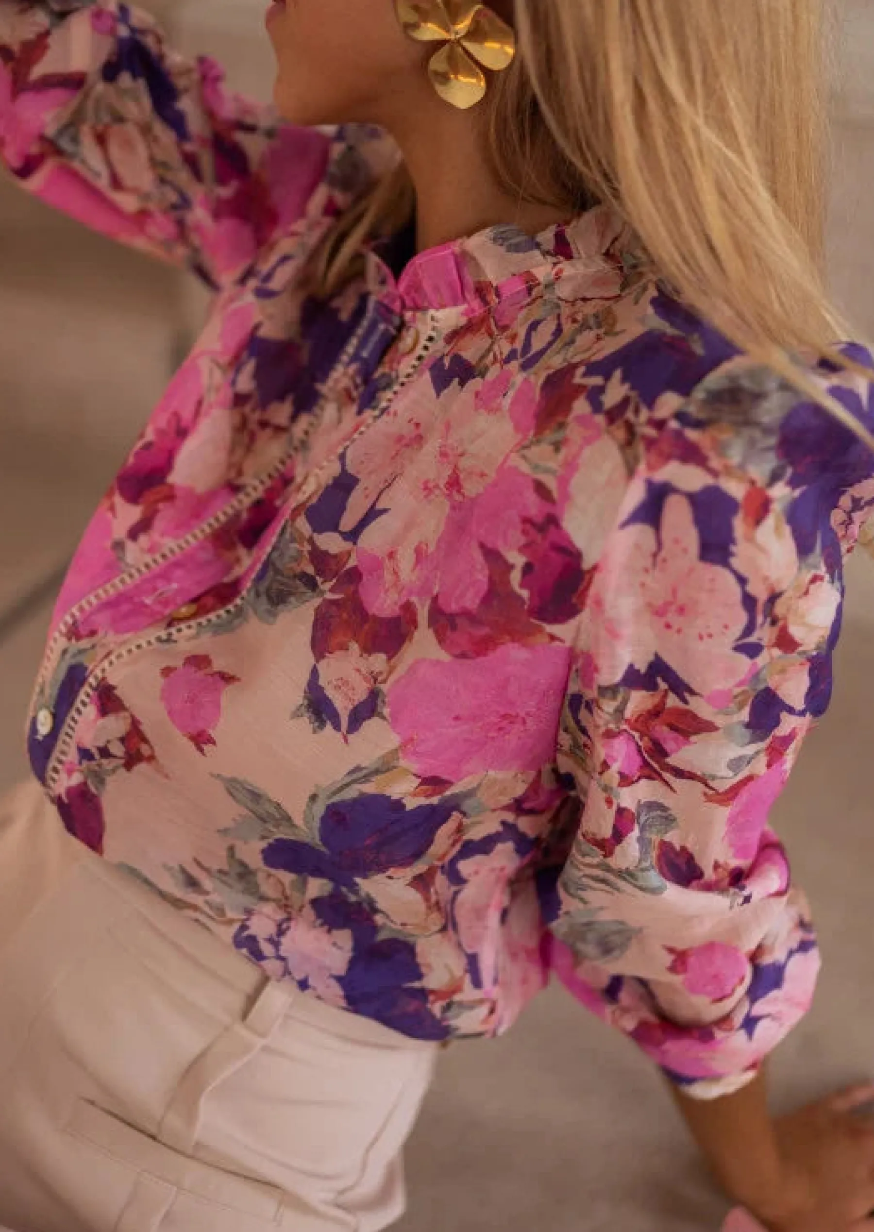 Chemisiers & Blouses-EASY-CLOTHES Chemise Rory à fleurs mauves | Chemise fleurie à épaulettes | Prêt-à-porter en ligne | Easy Clothes Mauves