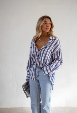 Chemisiers & Blouses-EASY-CLOTHES Chemise Sally - Lignes Bleues - Loose & FluideEasy Clothes À lignes bleues
