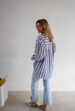 Chemisiers & Blouses-EASY-CLOTHES Chemise Sally - Lignes Bleues - Loose & FluideEasy Clothes À lignes bleues