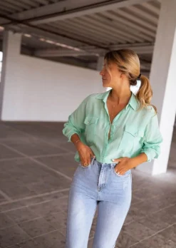 Chemisiers & Blouses-EASY-CLOTHES Chemise Sasou verte d’eau | Chemise transparente femme | Prêt-à-porter en ligne | Easy Clothes Verte d’eau