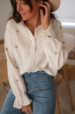 Chemisiers & Blouses-EASY-CLOTHES Chemise Vicky - blanche à coeurs dorésEasy Clothes Blanche à coeurs dorés
