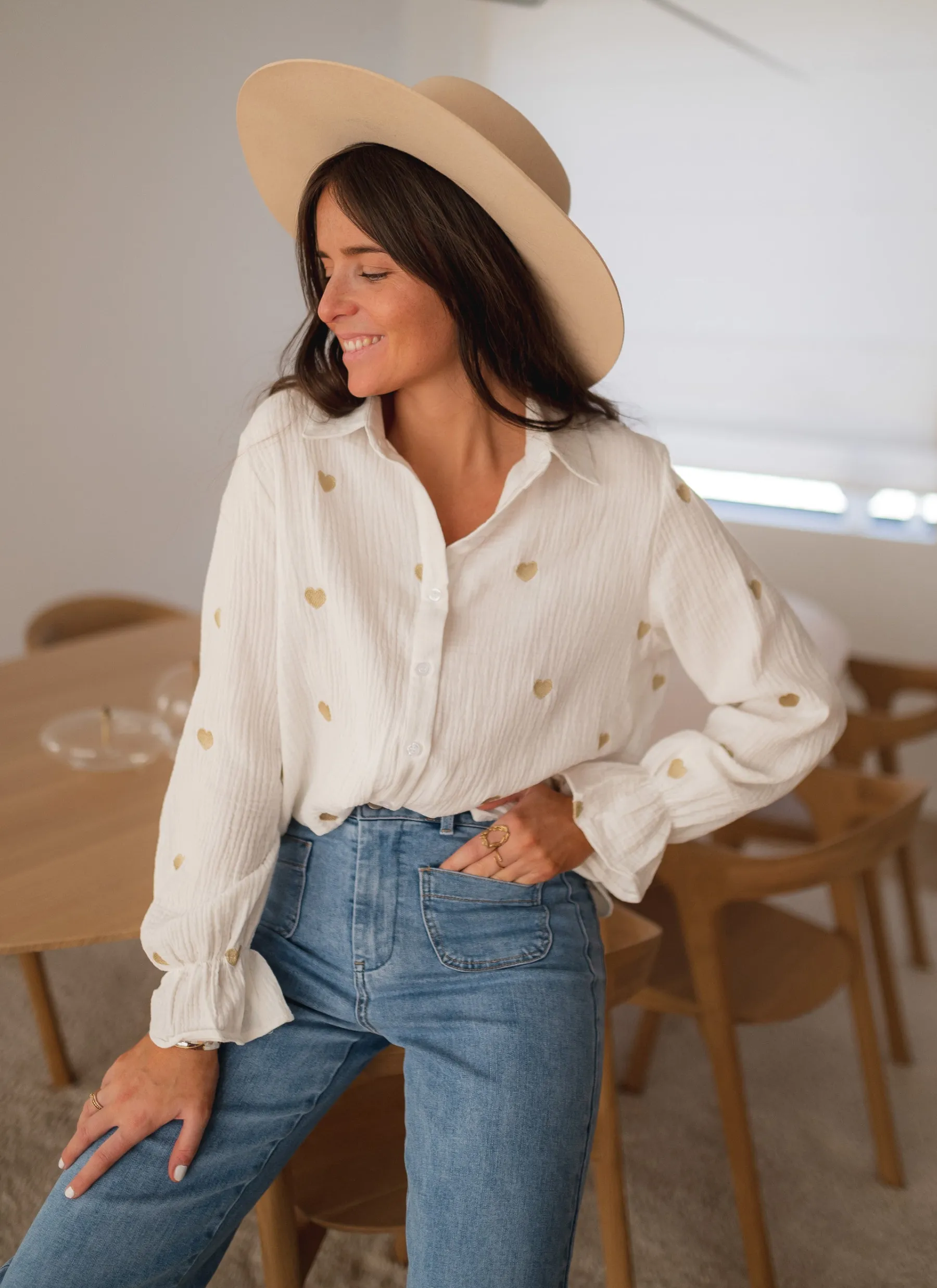 Chemisiers & Blouses-EASY-CLOTHES Chemise Vicky - blanche à coeurs dorésEasy Clothes Blanche à coeurs dorés
