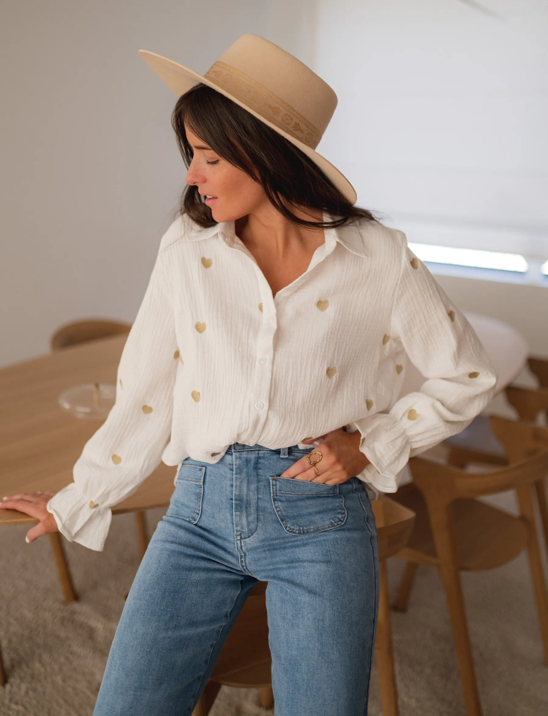 Chemisiers & Blouses-EASY-CLOTHES Chemise Vicky - blanche à coeurs dorésEasy Clothes Blanche à coeurs dorés