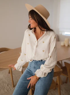 Chemisiers & Blouses-EASY-CLOTHES Chemise Vicky - blanche à coeurs dorésEasy Clothes Blanche à coeurs dorés