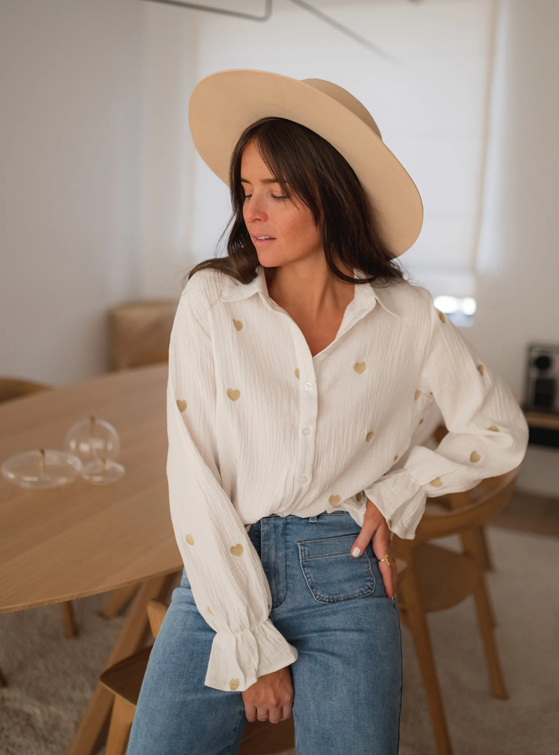 Chemisiers & Blouses-EASY-CLOTHES Chemise Vicky - blanche à coeurs dorésEasy Clothes Blanche à coeurs dorés