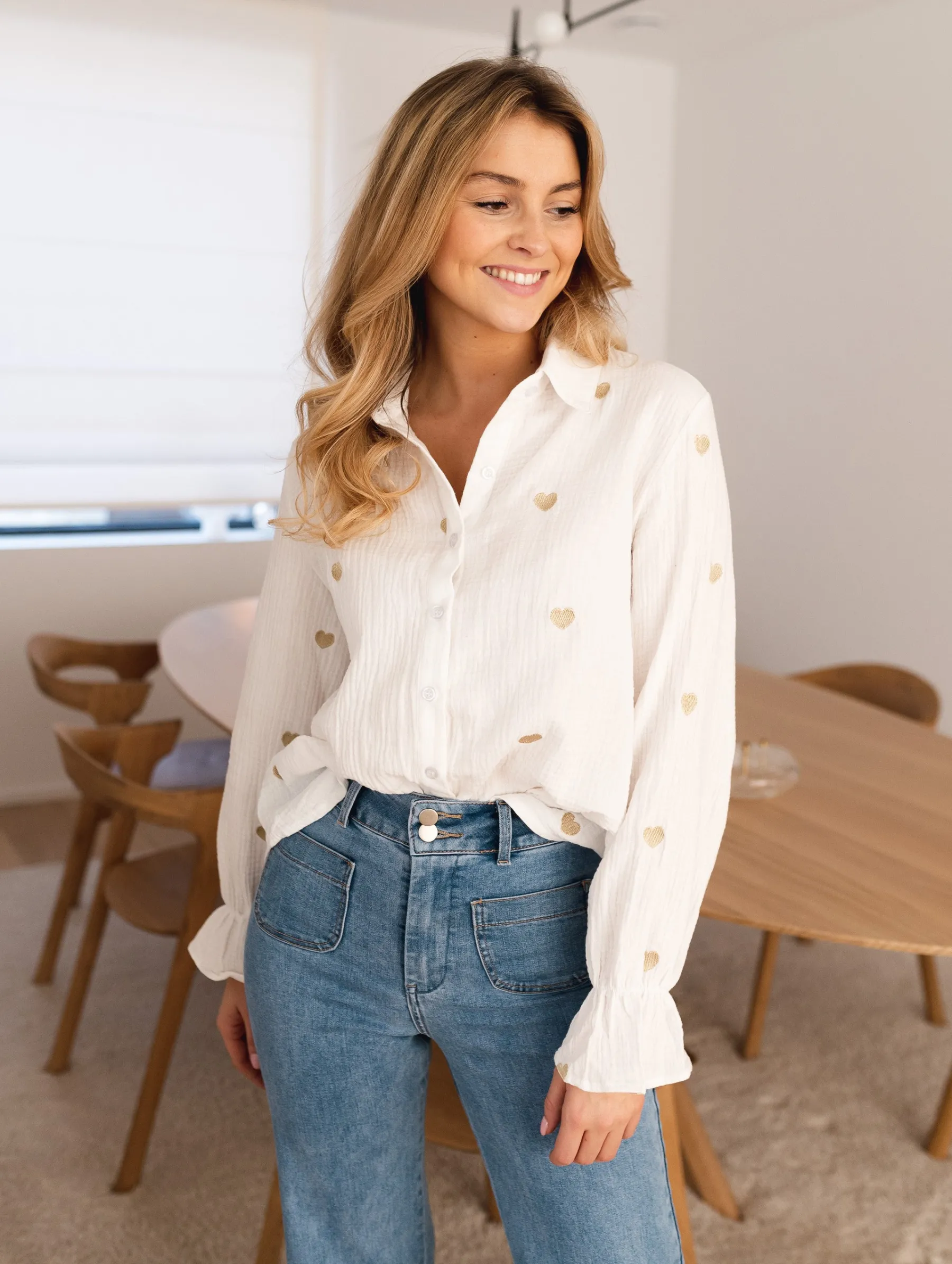 Chemisiers & Blouses-EASY-CLOTHES Chemise Vicky - blanche à coeurs dorésEasy Clothes Blanche à coeurs dorés