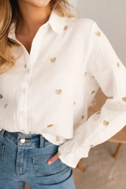 Chemisiers & Blouses-EASY-CLOTHES Chemise Vicky - blanche à coeurs dorésEasy Clothes Blanche à coeurs dorés