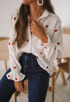 Chemisiers & Blouses-EASY-CLOTHES Chemise Vicky - blanche à coeurs rougesEasy Clothes Blanche à coeurs rouges