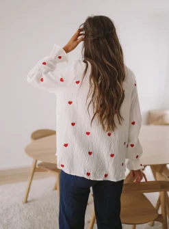 Chemisiers & Blouses-EASY-CLOTHES Chemise Vicky - blanche à coeurs rougesEasy Clothes Blanche à coeurs rouges       