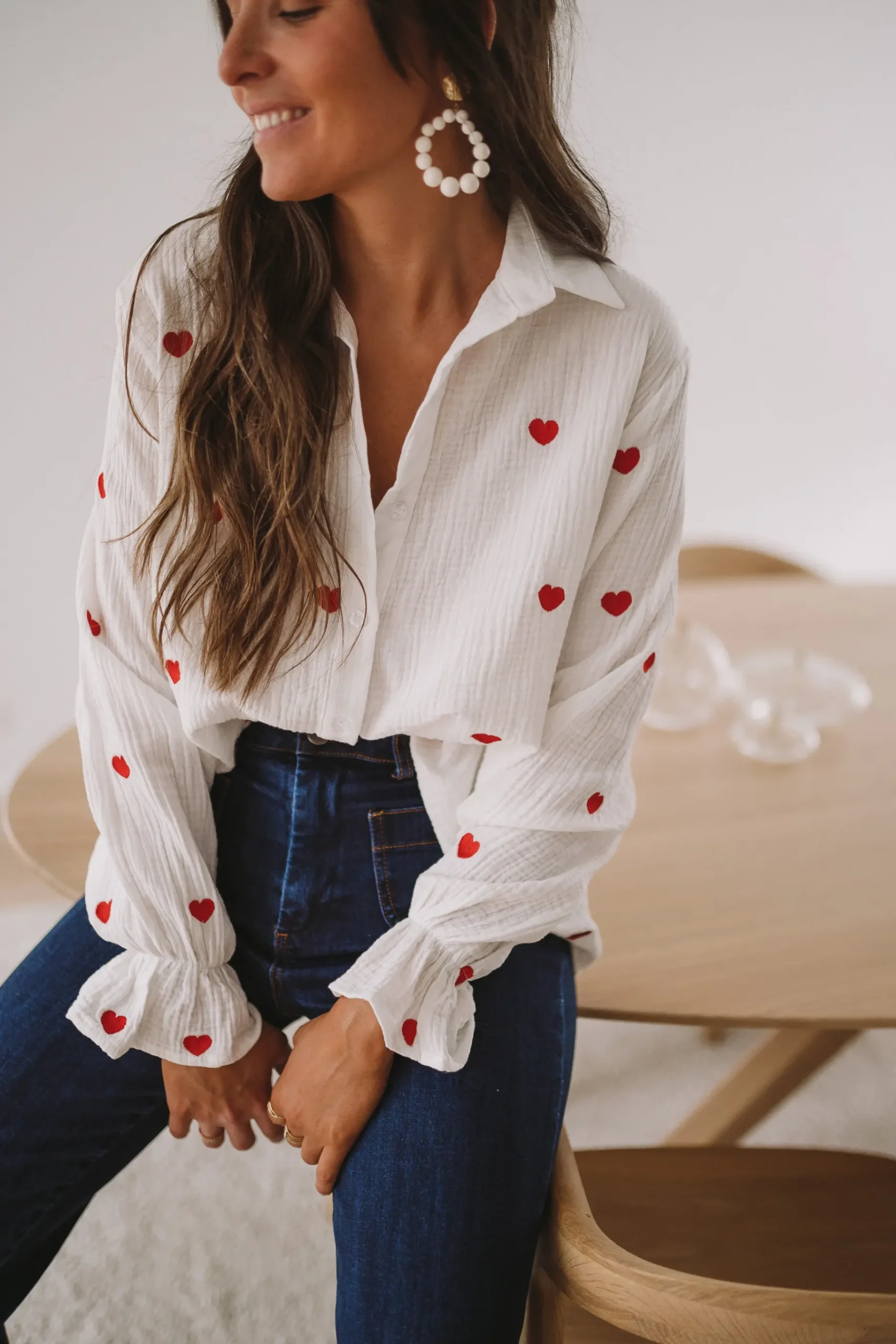 Chemisiers & Blouses-EASY-CLOTHES Chemise Vicky - blanche à coeurs rougesEasy Clothes Blanche à coeurs rouges