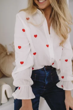 Chemisiers & Blouses-EASY-CLOTHES Chemise Vicky - blanche à coeurs rougesEasy Clothes Blanche à coeurs rouges