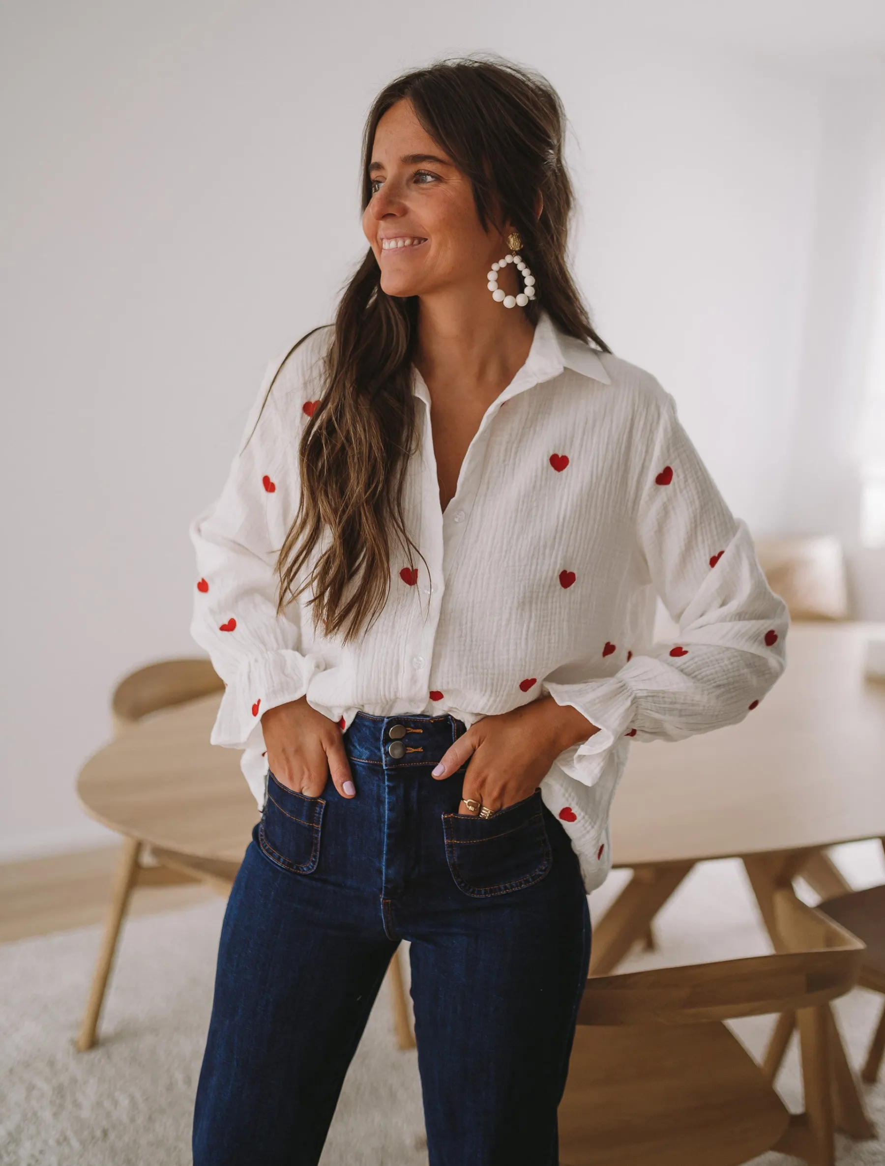 Chemisiers & Blouses-EASY-CLOTHES Chemise Vicky - blanche à coeurs rougesEasy Clothes Blanche à coeurs rouges