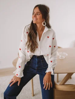 Chemisiers & Blouses-EASY-CLOTHES Chemise Vicky - blanche à coeurs rougesEasy Clothes Blanche à coeurs rouges