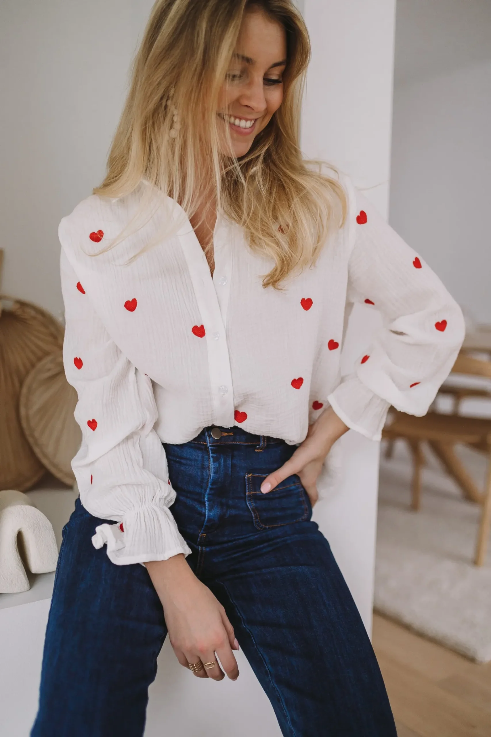 Chemisiers & Blouses-EASY-CLOTHES Chemise Vicky - blanche à coeurs rougesEasy Clothes Blanche à coeurs rouges