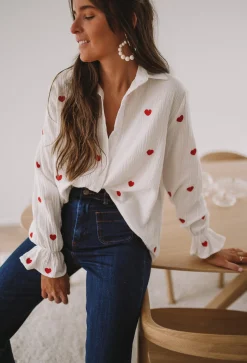 Chemisiers & Blouses-EASY-CLOTHES Chemise Vicky - blanche à coeurs rougesEasy Clothes Blanche à coeurs rouges