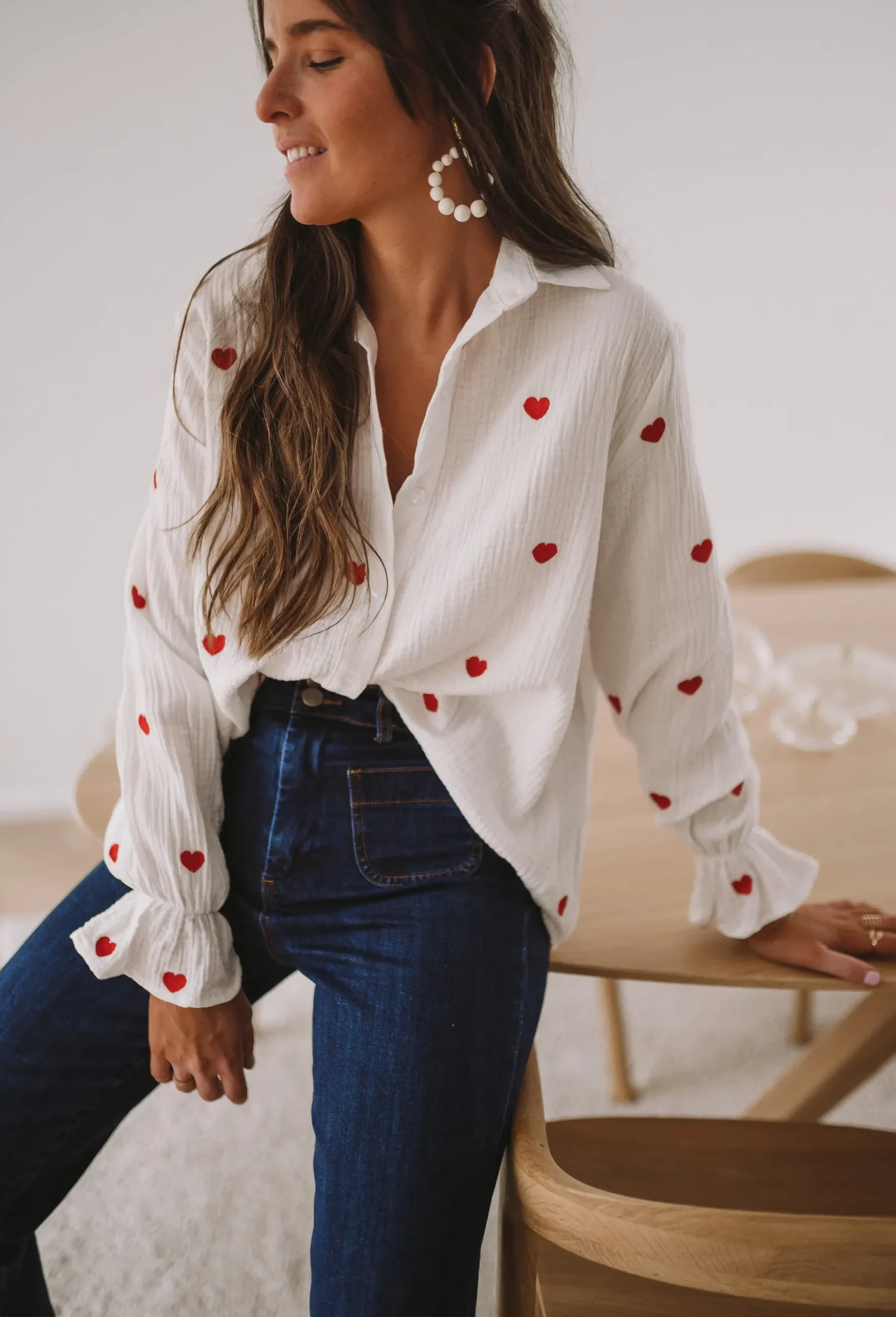 Chemisiers & Blouses-EASY-CLOTHES Chemise Vicky - blanche à coeurs rougesEasy Clothes Blanche à coeurs rouges