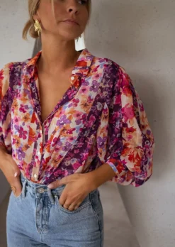 Chemisiers & Blouses-EASY-CLOTHES Chemisier Fauve à fleurs | Chemisier manches bouffantes | Prêt-à-porter en ligne | Easy Clothes À fleurs