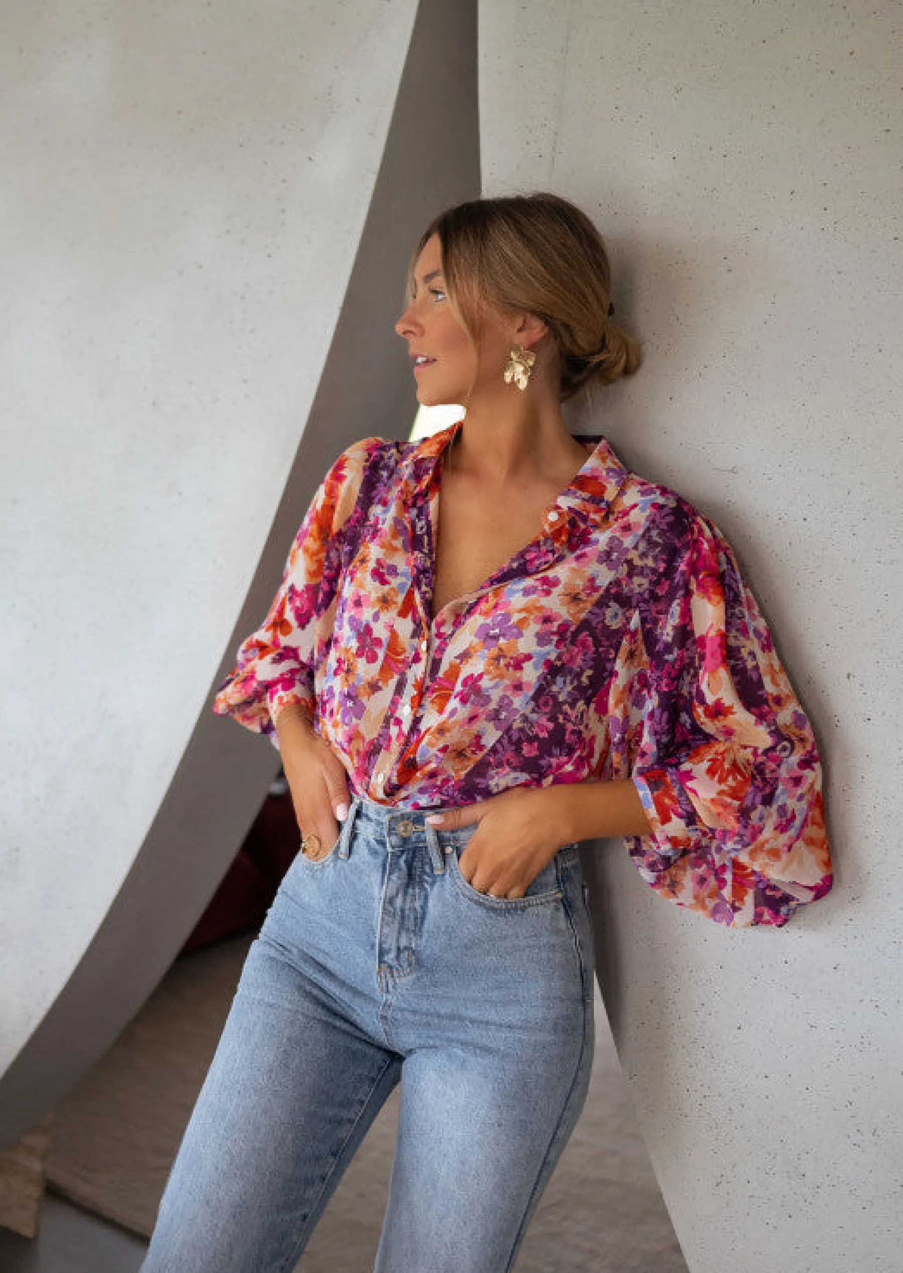 Chemisiers & Blouses-EASY-CLOTHES Chemisier Fauve à fleurs | Chemisier manches bouffantes | Prêt-à-porter en ligne | Easy Clothes À fleurs