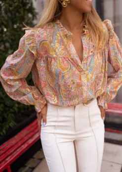 Chemisiers & Blouses-EASY-CLOTHES Chemisier Zelia orange et dorée | Chemisier à motifs colorés | Prêt-à-porter en ligne | Easy Clothes Orange et doré