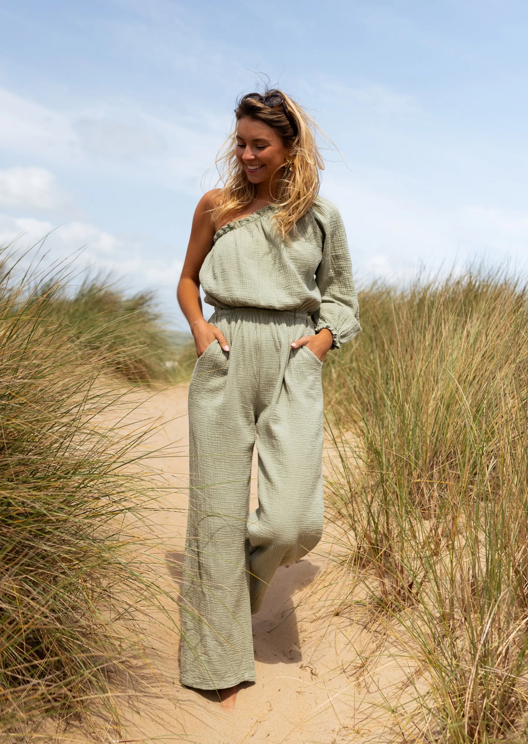 Combinaisons-EASY-CLOTHES Combinaison Amadéo kaki en gaze de coton | Combinaison uni manche | Prêt-à-porter en ligne | Easy Clothes Kaki en gaze de coton