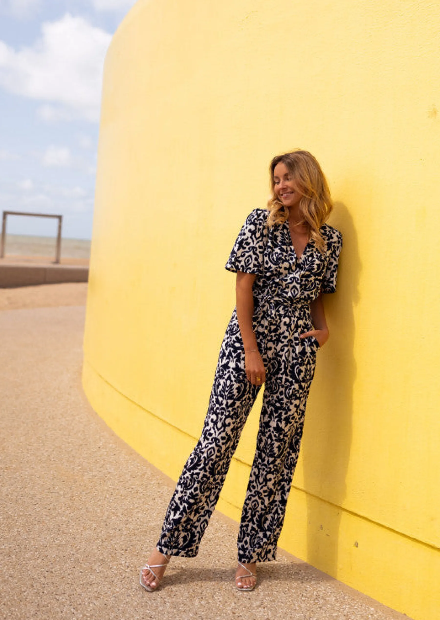 Combinaisons-EASY-CLOTHES Combinaison Léa écrue et bleue | Combinaison manches courtes | Prêt-à-porter en ligne | Easy Clothes Écrue et bleue