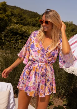 Combinaisons-EASY-CLOTHES Combi-short Basma mauve à fleurs | Combi-short cache-coeur | Prêt-à-porter en ligne | Easy Clothes Mauve à fleurs       