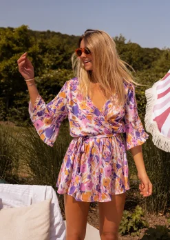 Combinaisons-EASY-CLOTHES Combi-short Basma mauve à fleurs | Combi-short cache-coeur | Prêt-à-porter en ligne | Easy Clothes Mauve à fleurs